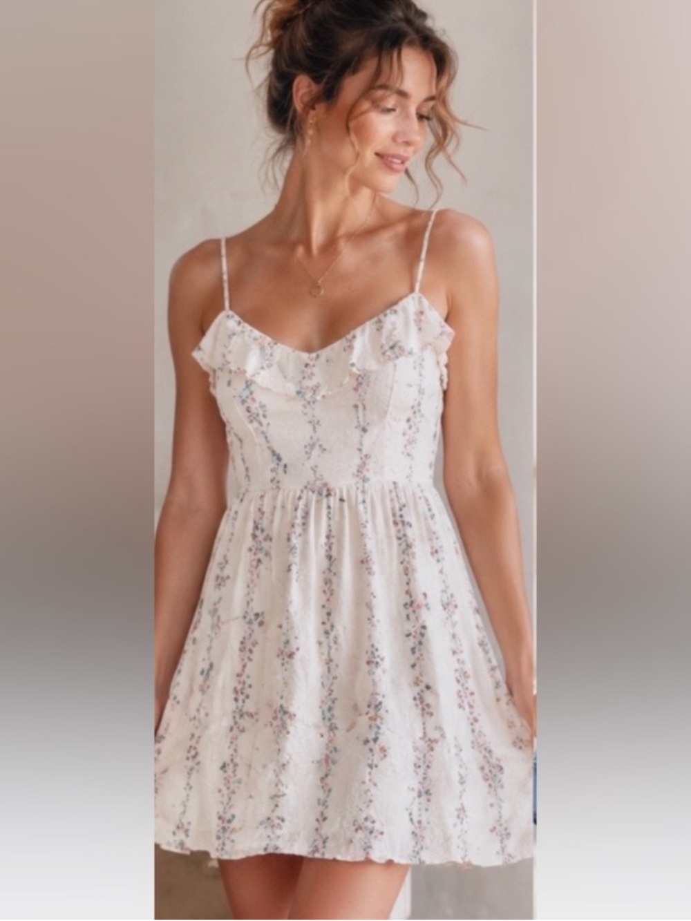 Trixxi Linen Blend Floral Ruffle Mini Sundress Ivory Purple Large